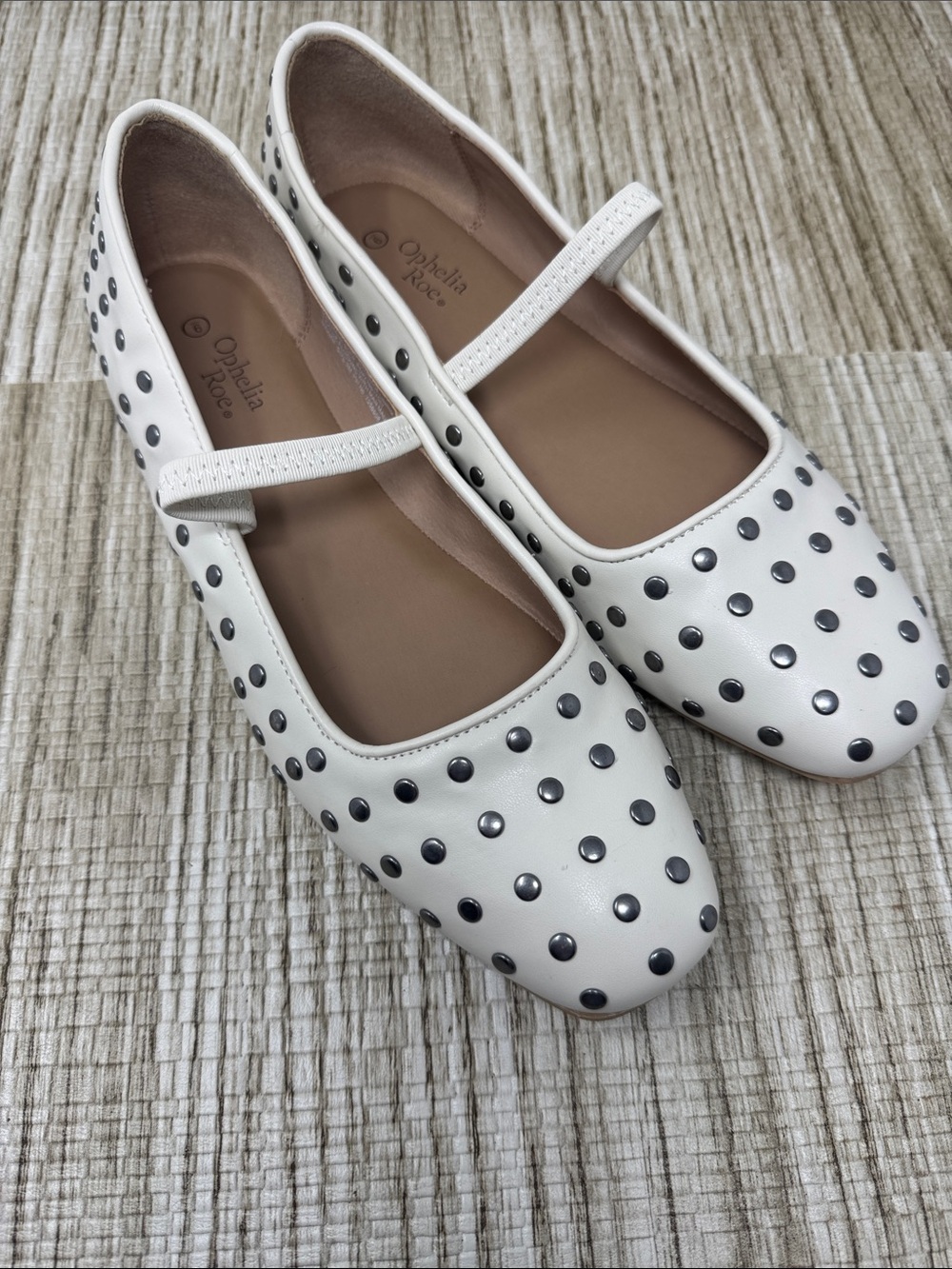 Ophelia Rose White Mary Jane Flats with Black Stud Accents